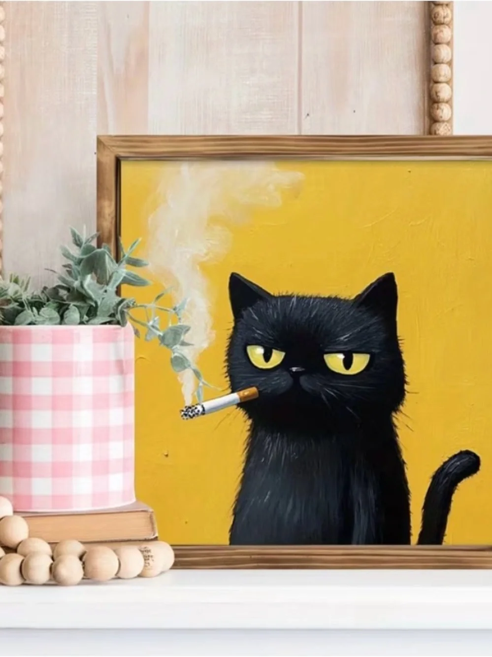 Framed Black Cat Smoking Art Wooden Wall Decor on Yellow Back 8x8” NEW - Picture 5 of 6